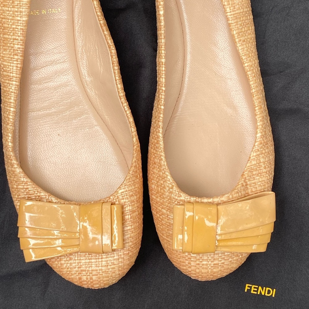 Fendi Yellow Tweed & Patent Leather Bow Ballet Flats - Picture 4 of 16